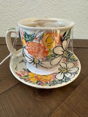 Polish Pottery Unikat Boleslawiec Poland Teacup and Saucer Set Floral NEW